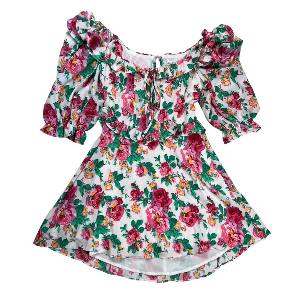 For Love & Lemonsโ Imogen Dress Sz Small Floral Mini Ruffle Puff Sleeve Spring